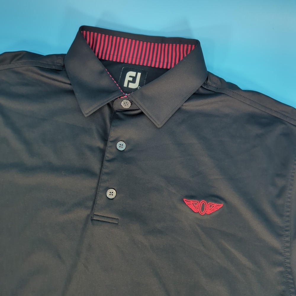 FootJoy The Olympic Club Winged O Golf Polo Shirt Mens L Black Red Stretch FJ